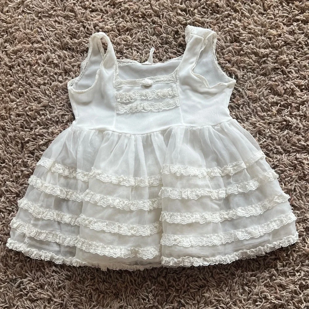 Vintage White Sheer Tiered Ruffle Lace‎ Trim Baby Doll Top Short Dress